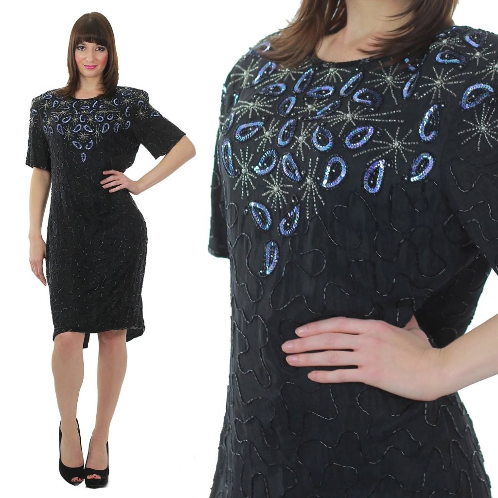 Vintage Sequin Beaded Black Party Cocktail Flapper Dress